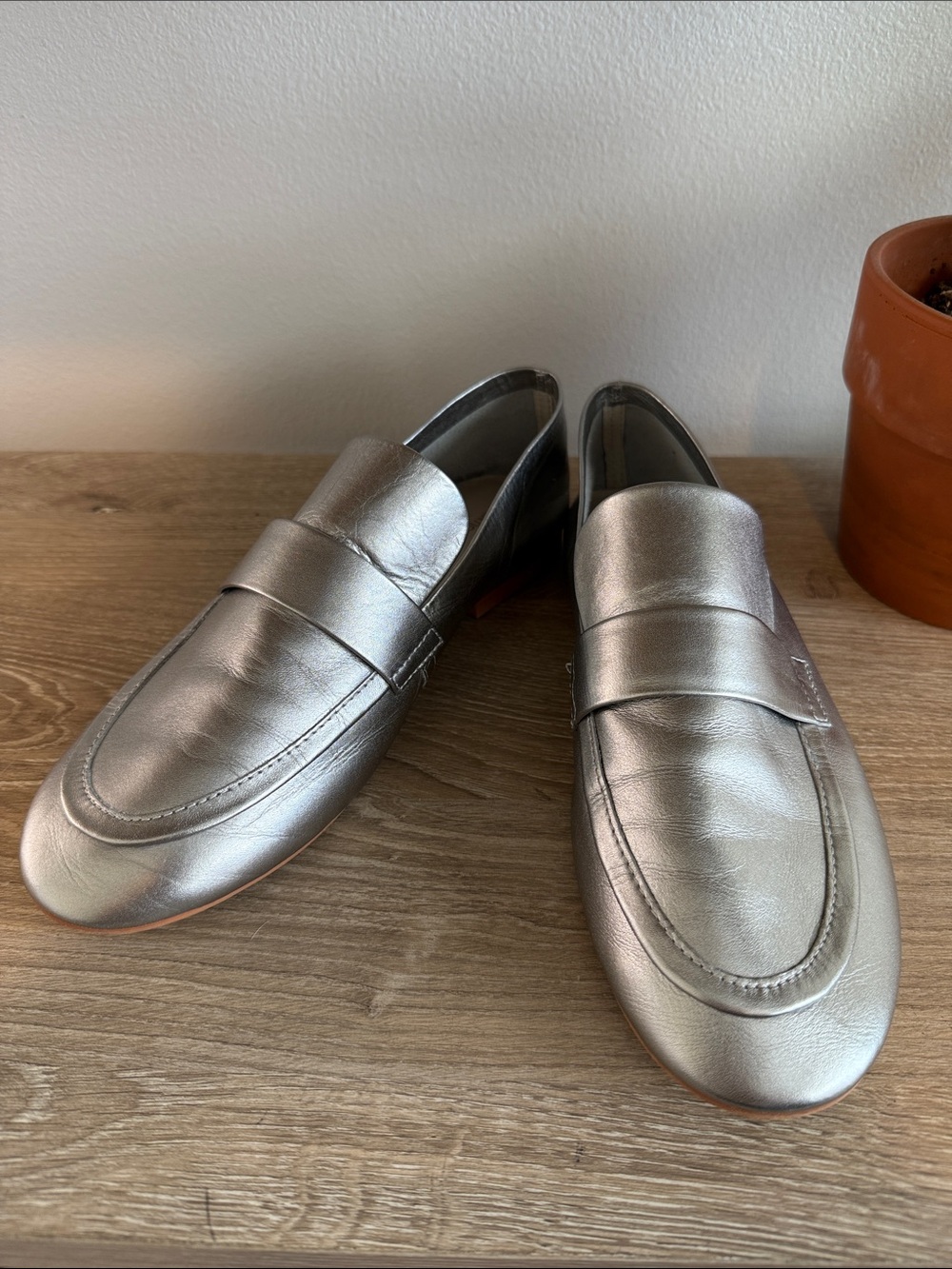 Intentionally Blank Anthro Metallic Silver Penny Loafer Leather Slip On Flat 9
